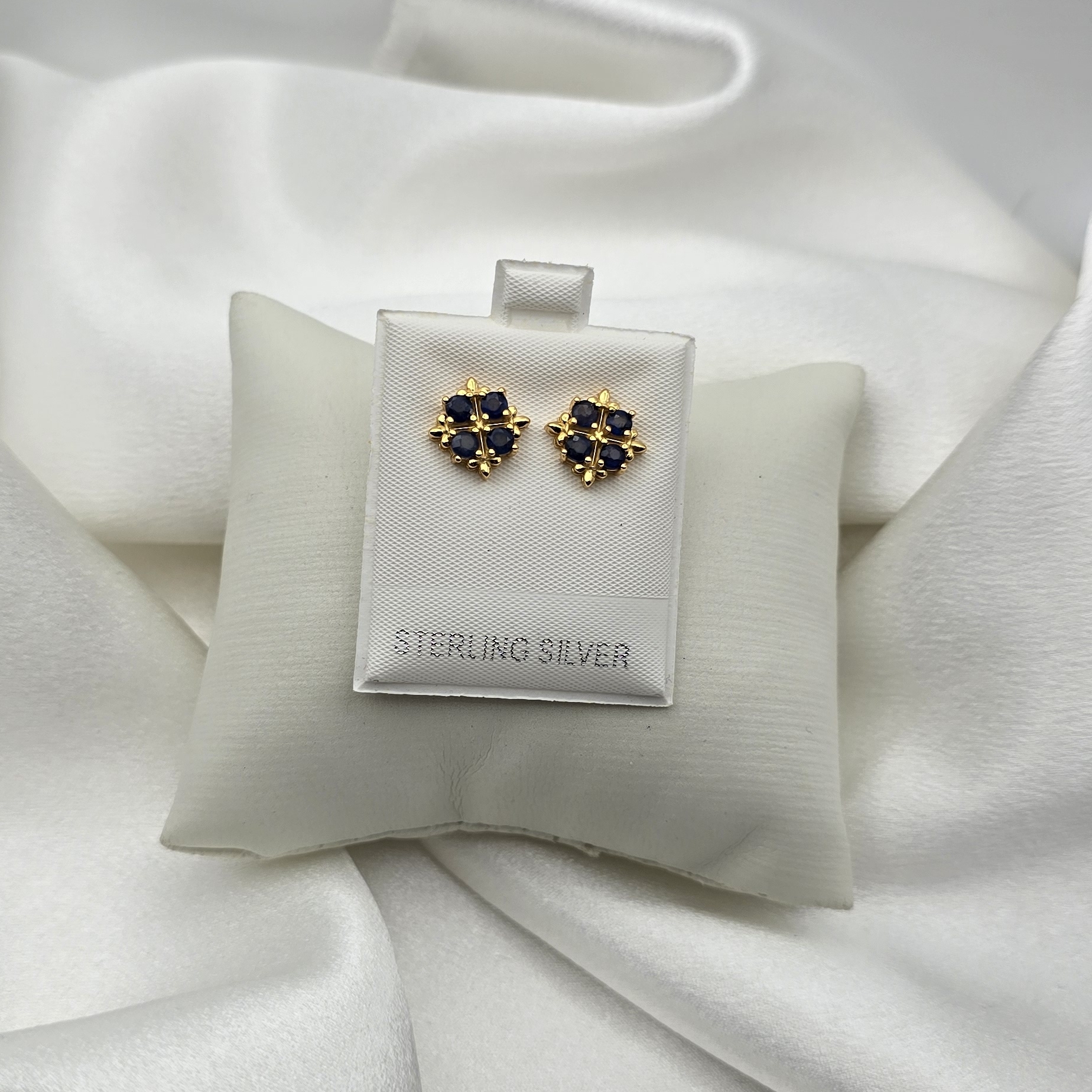 Yellow Gold Over Sterling Silver & Sapphire Floral Stud Earrings